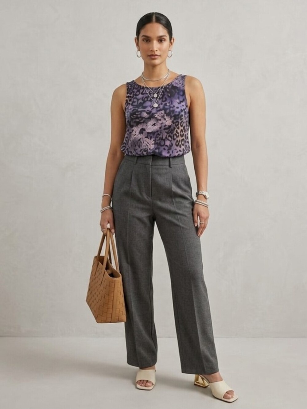 Ninety Women's Size SP Purple Animal Floral Print Sleeveless Blouse